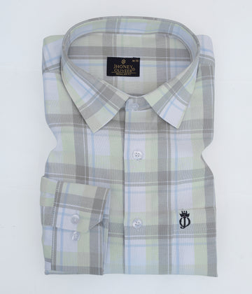 Slim Fit Checked Light Green and Gray Cotton Shirt for Men