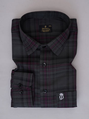 Charcoal Grey & Maroon Checkered Formal Shirt – Premium Regular Fit Plaid Office Wear Shirt