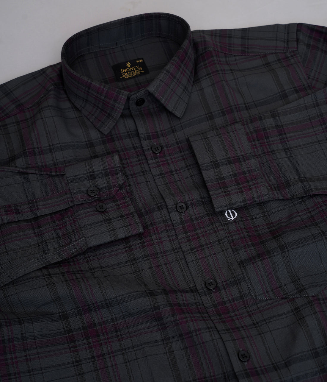 Charcoal Grey & Maroon Checkered Formal Shirt – Premium Regular Fit Plaid Office Wear Shirt