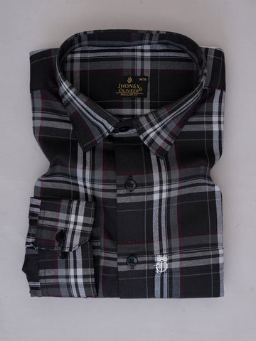 Black, White & Maroon Checkered Formal Shirt – Premium Regular Fit Plaid Office Wear Shirt