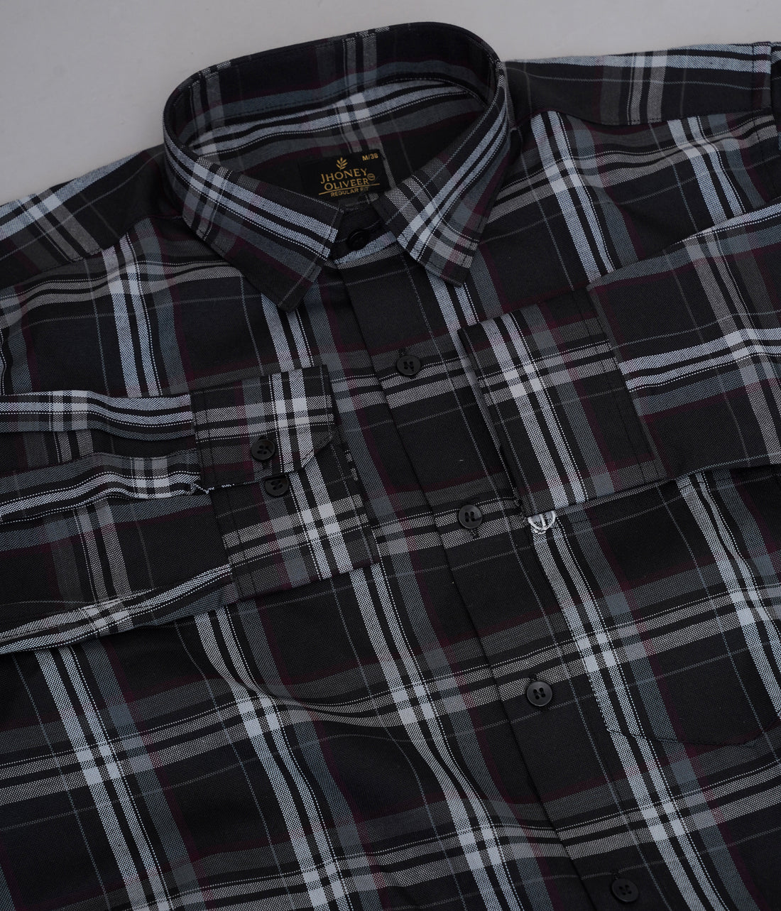 Black, White & Maroon Checkered Formal Shirt – Premium Regular Fit Plaid Office Wear Shirt