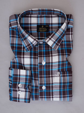 Brown, White & Sky Blue Checkered Formal Shirt – Premium Regular Fit Plaid Office Wear Shirt