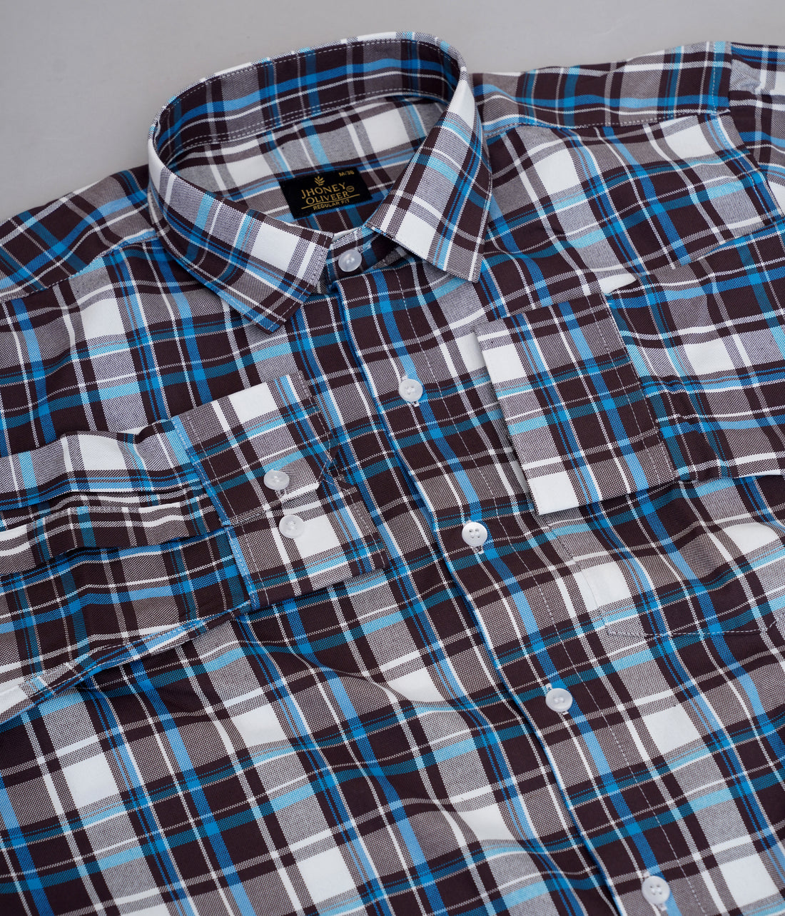 Brown, White & Sky Blue Checkered Formal Shirt – Premium Regular Fit Plaid Office Wear Shirt