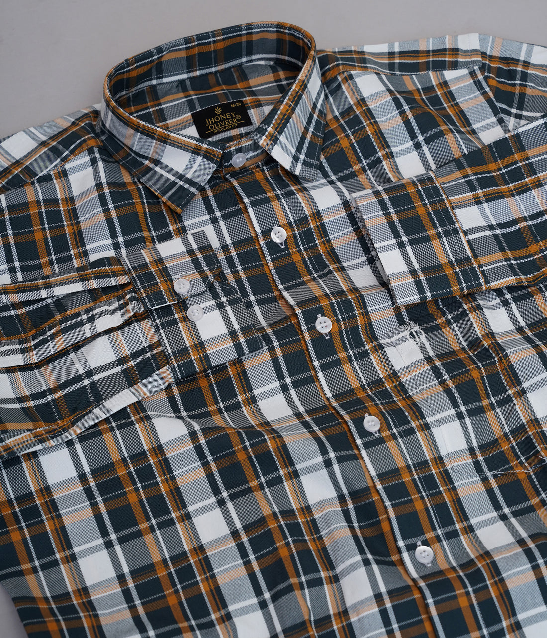 White, Green & Mustard Checkered Formal Shirt – Premium Regular Fit Plaid Office Wear Shirt