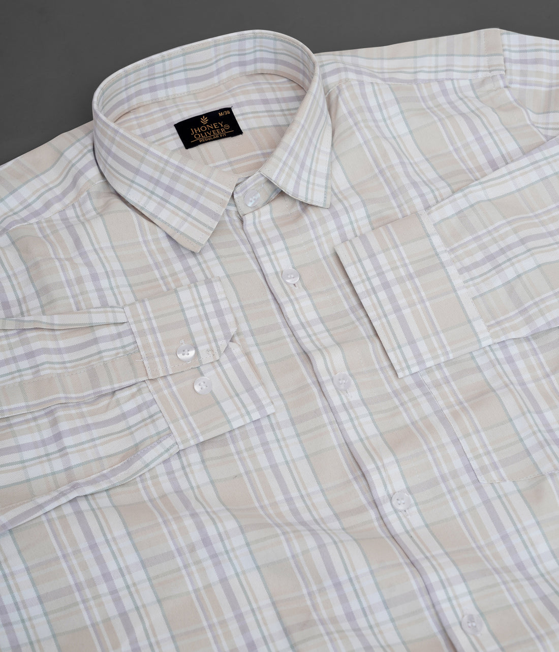 Beige Cream With White Checked Shirt for Men- Premium Cotton Slim Fit Formal & Casual Wear