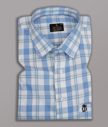 Light Blue & White Plaid Regular Fit Cotton Shirt