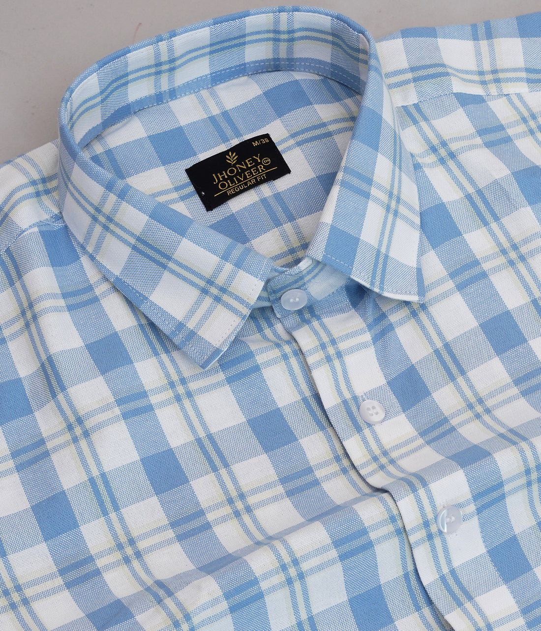 Light Blue & White Plaid Regular Fit Cotton Shirt