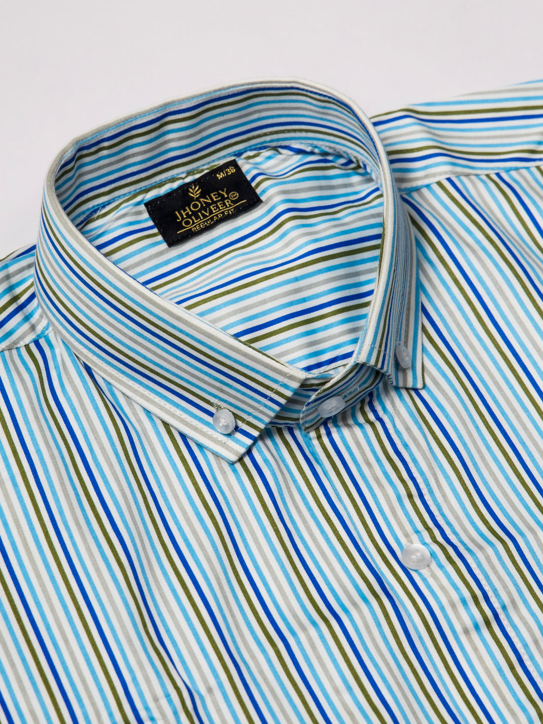 Classic Blue & Olive Multi-Stripe Premium Cotton Regular Fit Formal Shirt