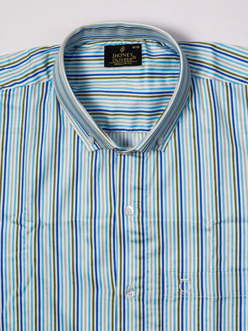 Classic Blue & Olive Multi-Stripe Premium Cotton Regular Fit Formal Shirt