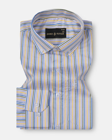 Multi-Color Stripe Shirt – Men's Blue, Yellow & Olive Vertical Stripe Full Sleeve Shirt