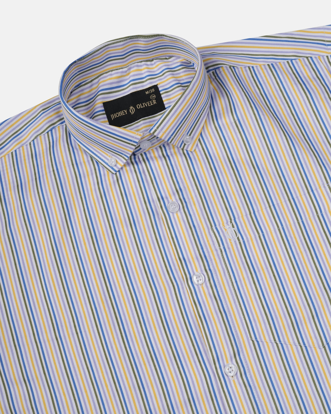 Multi-Color Stripe Shirt – Men's Blue, Yellow & Olive Vertical Stripe Full Sleeve Shirt