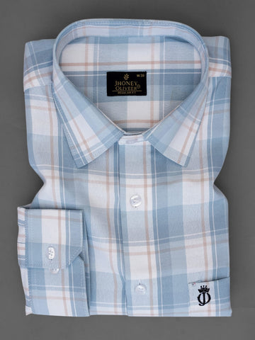 Sky Blue & White Checkered Formal Shirt – Premium Regular Fit Plaid Office Wear Shirt